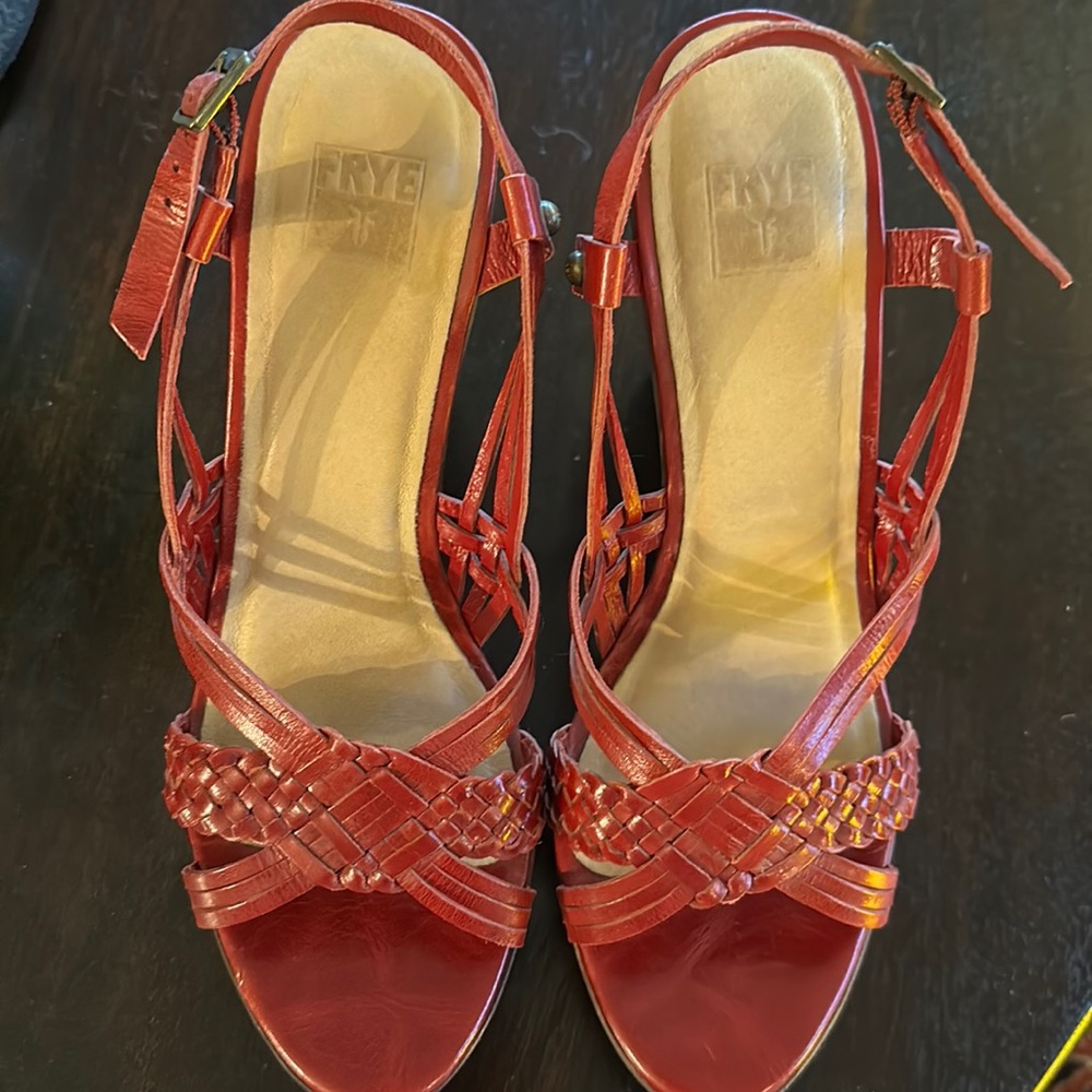 Frye Wedge shoes, Red leather with wood soles. Never worn. Size 38.5.